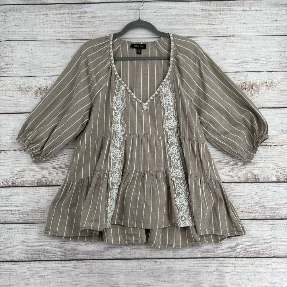 Melissa Paige Linen Scoop Neck Embroidered Babydoll Blouse Womens S Beige White